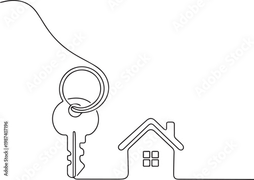 A key on a keyring next to a house in a continuous line drawing style