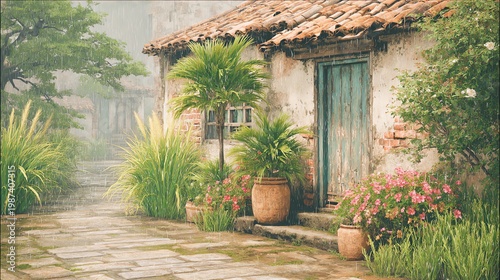 quiet monsoon corner in realistic rainy village setting, clay tiles and bamboo wall textures glistening in rainfall