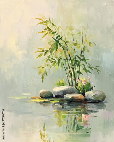 calming zen garden illustration background featuring moss-covered rocks and bonsai in flat vector style