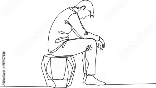 Sketch of a solitary man sitting with his head in hands isolated on transparent background