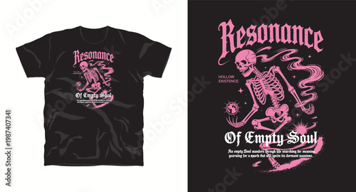 Pink skeleton holding earth globe graphic with retro typography for streetwear clothing design.