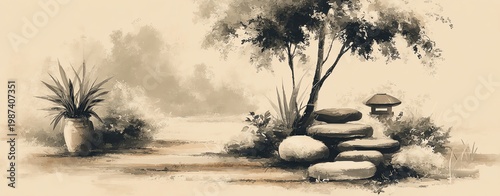 calming zen garden illustration background with raked sand patterns and smooth stones in pastel minimalism