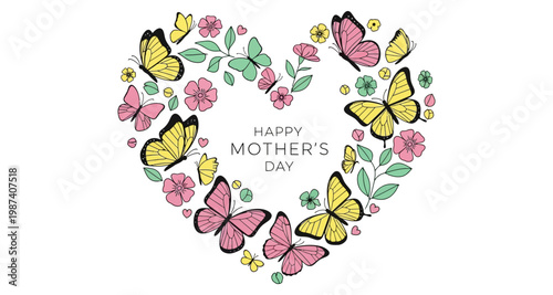 Heart shape design with butterflies and flowers for Mother's Day celebration
