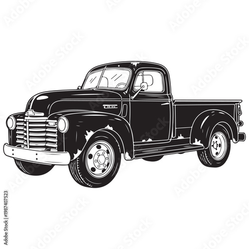Cuadro en lienzo Vintage classic pickup truck vector illustration in black and white line art sty
