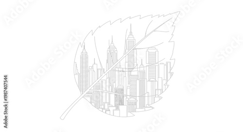 Cityscape silhouette within leaf shape concept design illustration