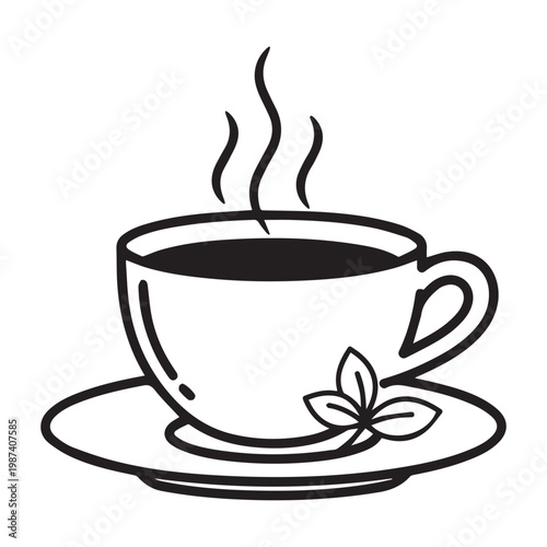 Hot Coffee or Tea Cup with Steam and Mint Leaves - Minimalist Black and White Beverage Line Art Illustration Isolated on White Background