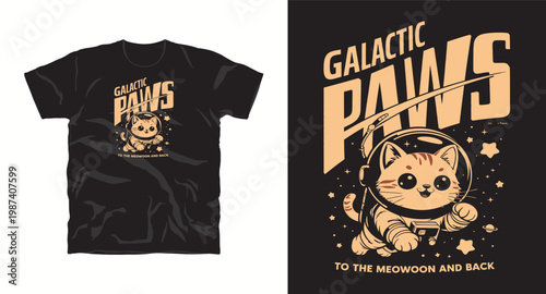 Cute astronaut cat in space with galactic paws text for t-shirt design.
