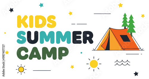 Kids summer camp graphic with tent and suns during daytime