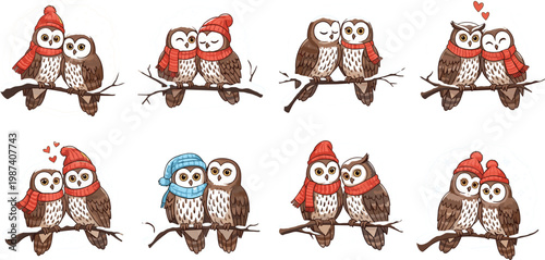 Cute Couple Owls Sitting on Branch with Winter Hats and Hearts Adorable Romantic Valentine Love Bird Illustration Set for Greeting Card DesignCute Couple Owls Sitting on Branch with Winter Hats and 