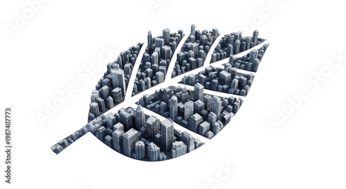 Cityscape within a leaf sustainable urban development concept on white