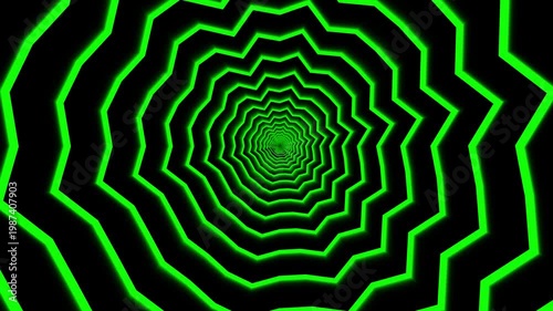 Glowing green neon tunnel loop animation, Abstract spiral vortex motion background effect