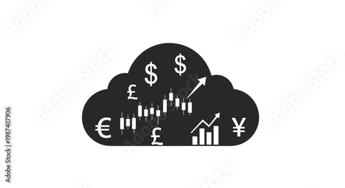 Cloud computing and financial trading concept with currency symbols