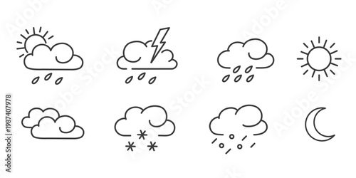 A set of hand-drawn cartoon style weather forecast line icons