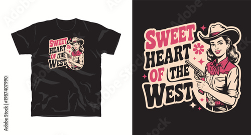 Sweet heart of the west cowgirl retro design with gun and western hat.