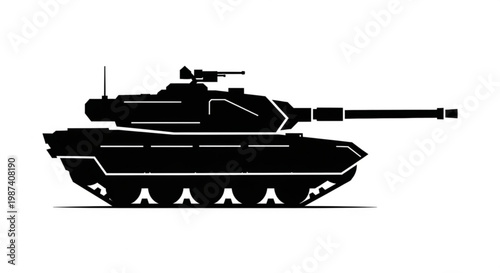 A black silhouette of a military tank on a white background