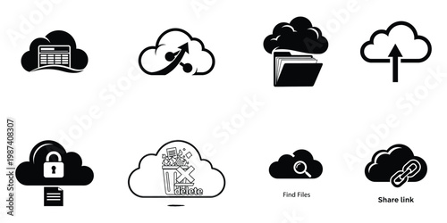 Cloud storage solutions icons representing data security and network connectivity