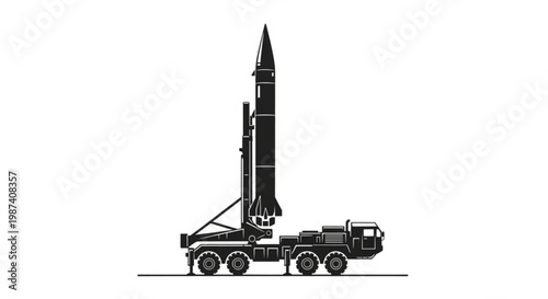 A black silhouette of a rocket launcher on a truck against a white background