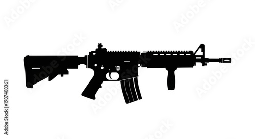 A black silhouette of a modern assault rifle on a white background