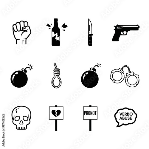Collection of black glyphs depicting violence protest and harmful concepts