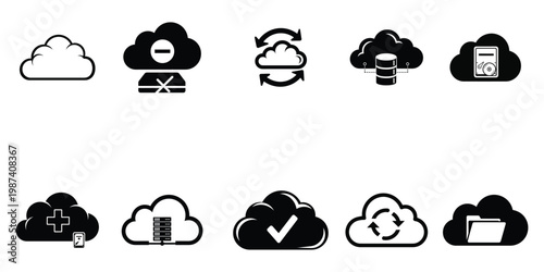 Cloud storage solutions icons for data backup security and digital asset management