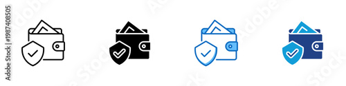 Secure Wallet Multiple Style Icon Design Vector - Wallet with shield checkmark representing financial security, payment protection, and safe transaction storage