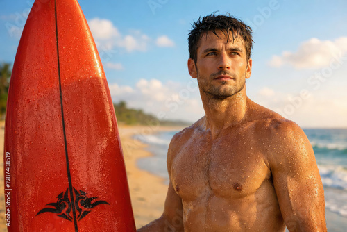Athletic man standing with surfboard in the water after a surf session