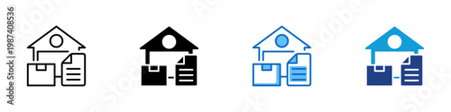 Logistics Planning Multiple Style Icon Design Vector - Warehouse building with package and document representing supply planning, inventory management, and logistics coordination