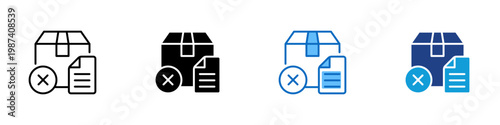 Order Cancellation Multiple Style Icon Design Vector - Package with document and cross mark representing order cancellation, purchase reversal, and transaction termination
