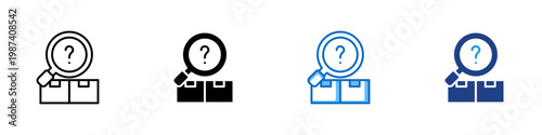 Missing Package Multiple Style Icon Design Vector - Boxes with magnifier and question mark representing lost shipment, delivery issue, and tracking uncertainty