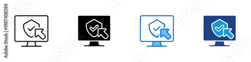 Secure Access Multiple Style Icon Design Vector - Monitor with shield and cursor representing secure login, user authentication, and protected system access