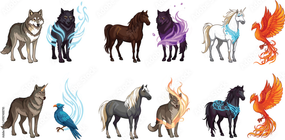 Fototapeta premium Fantasy Magical Animal Collection with Wolf Horse Unicorn Phoenix and Mystical Elements Fire Ice and Lightning Creature Character Illustration SetFantasy Magical Animal 