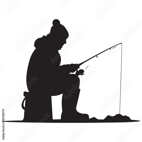 Silhouette of a fisherman ice fishing sitting on a bucket with a rod and line vector illustration