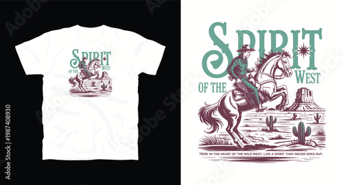Spirit of the west t shirt design with cowboy on bucking horse in desert valley landscape.