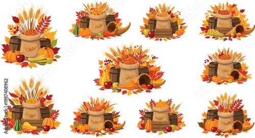 Autumn Harvest Festival Collection with Pumpkins Wheat Barrels and Colorful Fall Leaves Thanksgiving Seasonal Abundance Vector Illustration SetAutumn Harvest Festival Collection with Pumpkins Wheat 
