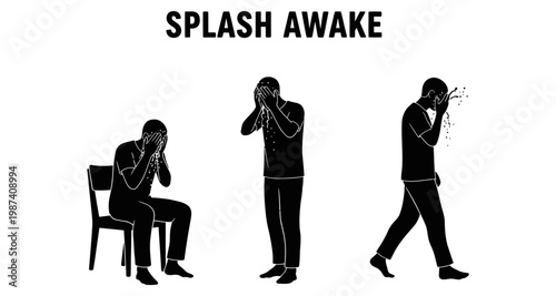 Man splashed awake with water during morning routine against white background silhouette