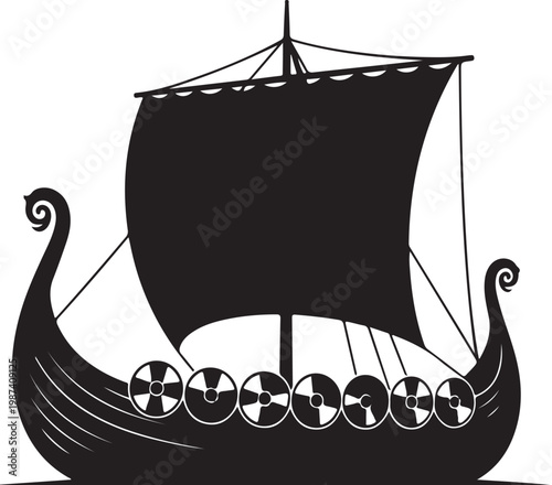 Viking ship, black silhouette, sailing boat, ancient Nordic vessel, vector illustration