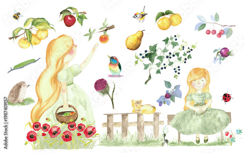 Watercolor fairytale garden clipart set with cute girls in green dresses, hedgehog, cat, birds and summer fruits, hand-painted nursery illustrations isolated on white.