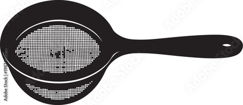 Black strainer, kitchen sieve, mesh filter, cooking utensil, vector icon