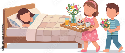 Children Bring Breakfast and Flowers To Sleeping Parent