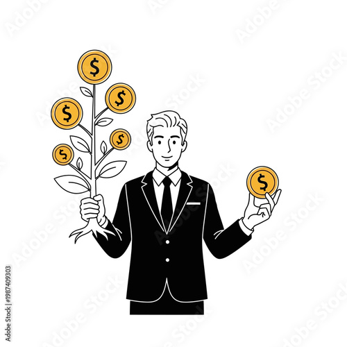 A businessman contemplates financial growth represented by a coin plant