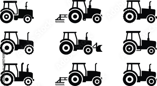 Collection of various tractor icons in different positions and attachments  farming vehicles