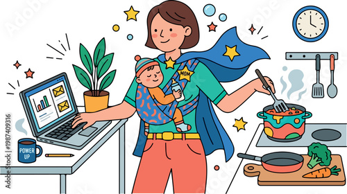 Super Mom Juggling Work Baby and Household Chores