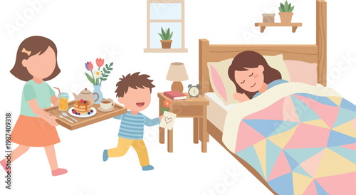 Children Bring Breakfast to Sleeping Mother in Bed