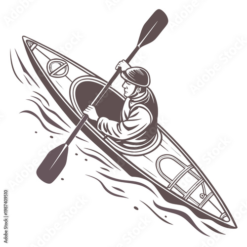 Kayaker paddling in dynamic motion kayaking sports