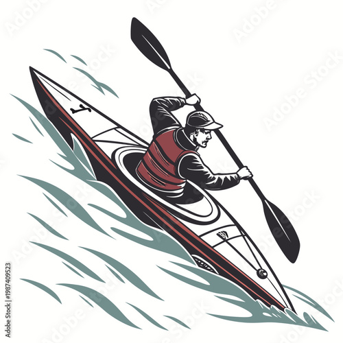 Kayaker paddling in whitewater paddle action sports