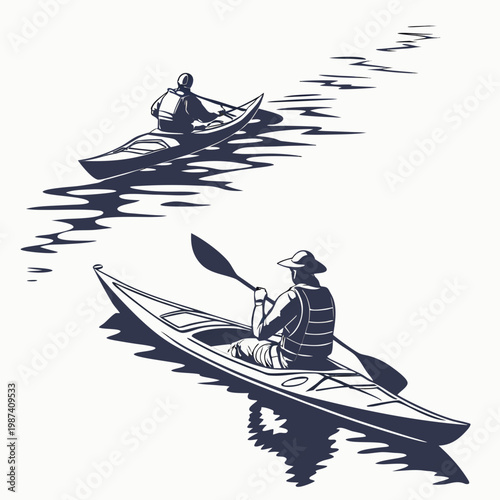 Two kayakers paddling on calm water kayaking sports