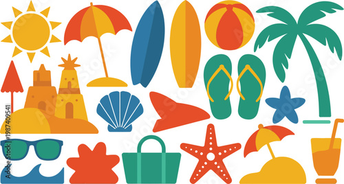 Colorful beach vacation icons set including sandcastle palm tree and surfboard isolated on white background