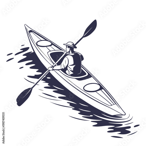 Navy Blue Kayak on Water with Person Paddling paddle