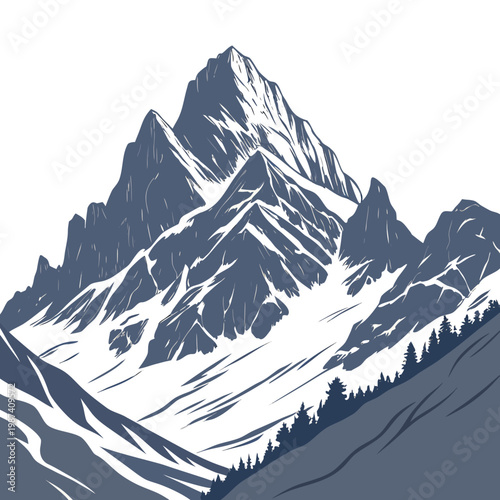 Snowy mountain peak tree hill