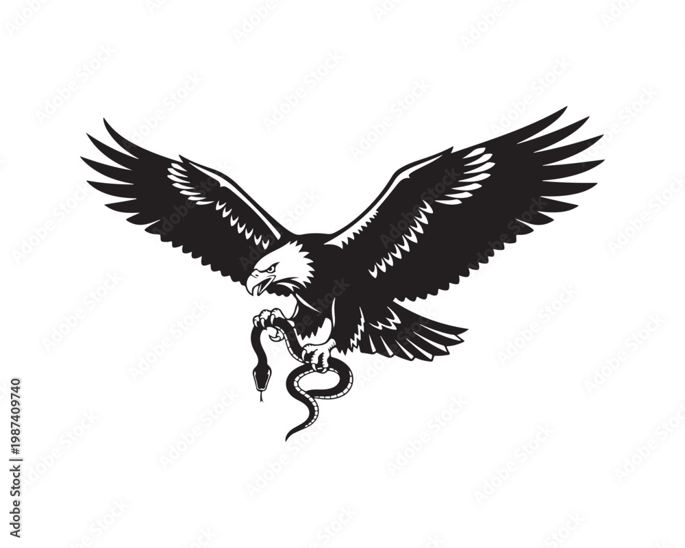 Fototapeta premium Eagle silhouette, Eagle on mountain, Eagle hunting vector illustration graphic design icon pack collection